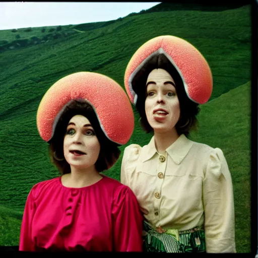 Image similar to two middle aged woman with inflatable heads on top of their heads, wearing dresses, in the hillside, 1976 French film, archival footage, technicolor film expired film live-action, 16mm