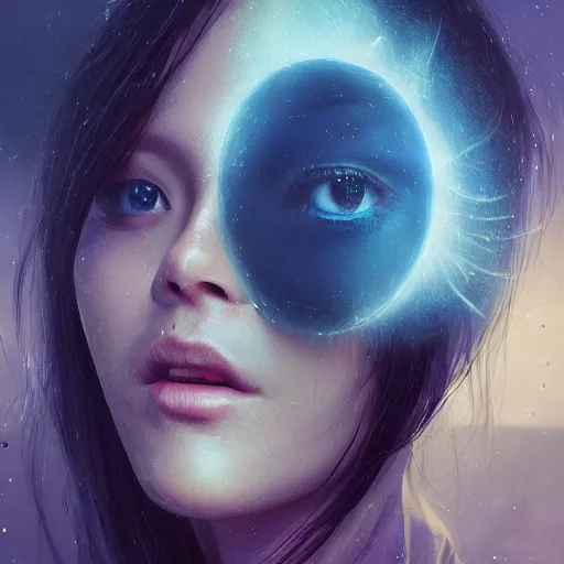 Prompt: 3 d, sci - fi, close - up, night, smiling fashion model face, moon rays, cinematic, clouds, vogue cover style, blue mood, realistic painting, intricate oil painting, high detail illustration, figurative art, multiple exposure, poster art, 3 d, by tooth wu and wlop and beeple and greg rutkowski