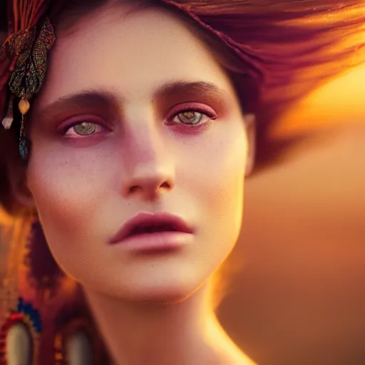 Image similar to photographic portrait of a stunningly beautiful gypsy female in soft dreamy light at sunset, contemporary fashion shoot, by edward robert hughes, annie leibovitz and steve mccurry, david lazar, jimmy nelsson, breathtaking, 8 k resolution, extremely detailed, beautiful, establishing shot, artistic, hyperrealistic, beautiful face, octane render