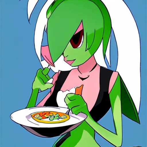 Prompt: female gardevoir eating at comiccon 2030 [pokemon]