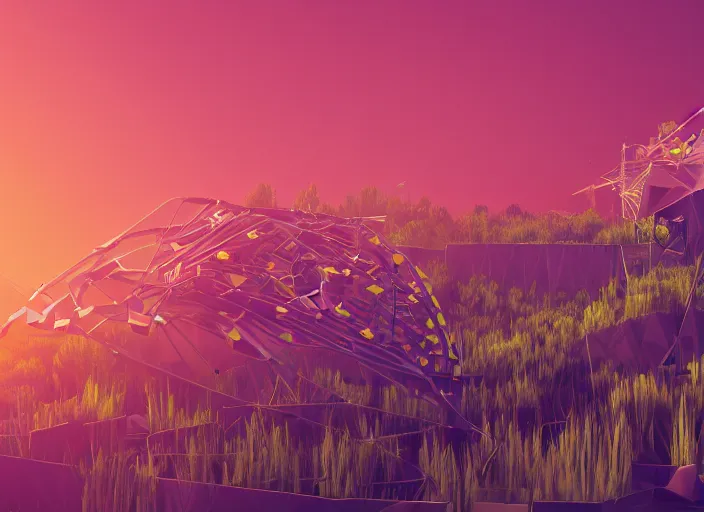 Prompt: meadows inspired by compression algorithms, alien plants, giant computer-circuitry structures sticking out, abstract, pastel tones, low-poly, ray-tracing, 4k, high-quality render, trending on artstation