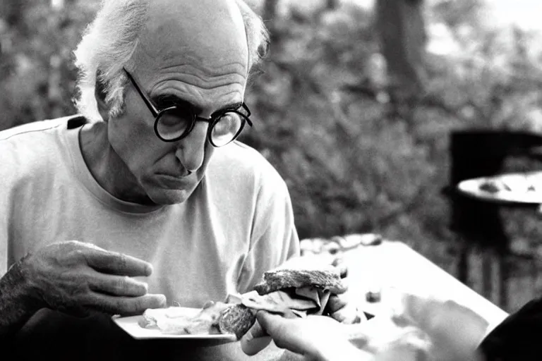 Image similar to larry david eating a sandwich, the blair witch project film still, greyscale