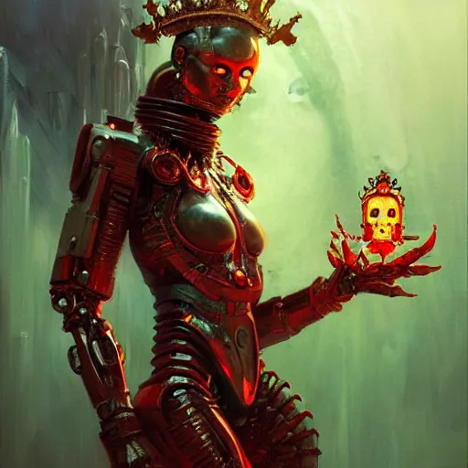 Prompt: attractive demon queen with crown and red eyes as an i robot, painting by gaston bussiere, craig mullins, luis rollo, torso portrait, digital painting, highly detailed, artstation, sharp focus, illustration, concept art, hd