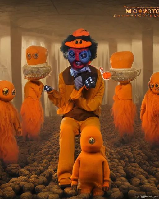 Image similar to monstrously orange animal like oompa loompa creatures slave away at a concentration camp like chocolate factory for overlord willy wonka, atmospheric surrealistic horror, in the style of andrei tarkovsky, alejandro jodorowsky, terry gilliam, trending on artstation