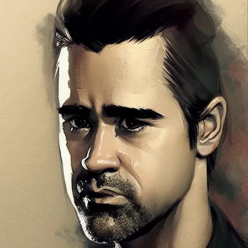 Image similar to “Portrait of Colin Farrell by Greg Rutkowski, young, attractive, highly detailed portrait, scifi, digital painting, artstation, concept art, smooth, sharp foccus ilustration, Artstation HQ”