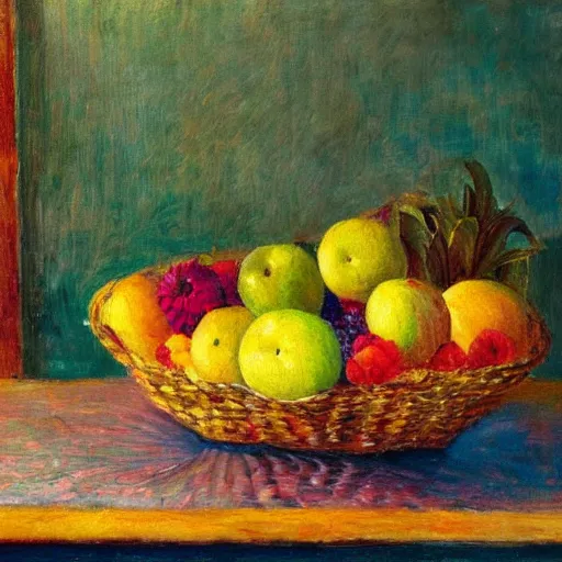 Prompt: a fruit basket on top of a kitchen table, Post-Impressionism