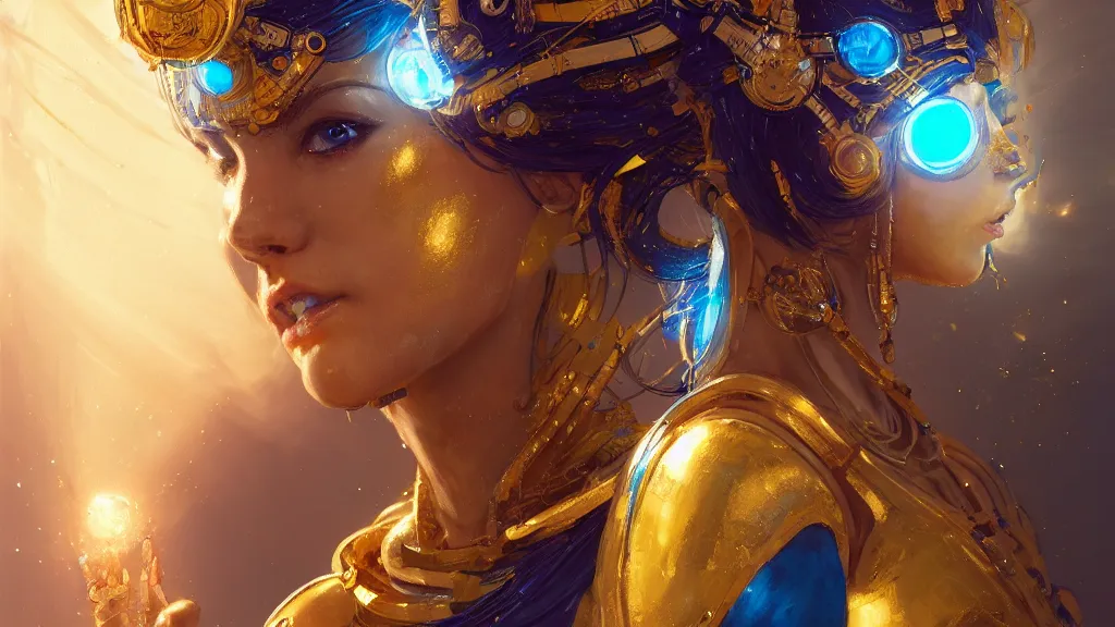 Image similar to the electronexus , goddess with golden skin with blue adornments ,Wadim Kashin, artgerm, XF IQ4, f/1.4, ISO 200, 1/160s, 8K, RAW, featured in artstation, illustrative, elegant, intricate, 8k