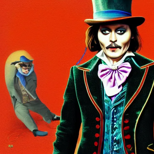 Image similar to portrait of johnny depp as willy wonka, highly detailed, centered, solid color background, digital painting