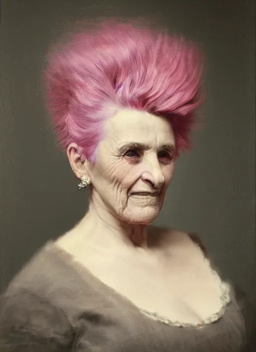 Prompt: a detailed portrait of old woman with a mohawk by edouard bisson, pink hair, punk rock, looking at the camera, oil painting, muted colours, soft lighting
