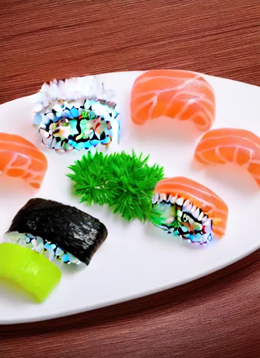 Prompt: clear photorealistic picture of simple cute cat paws pads made from sushi rice, sitting on sushi plates with garnish