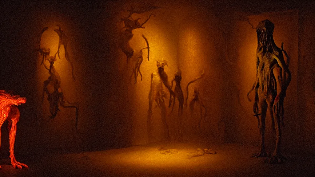 Image similar to the creature in the basement, made of glowing wax and ceramic, surrounded by animals, film still from the movie directed by denis villeneuve and david cronenberg with art direction by salvador dali and zdzisław beksinski, wide lens