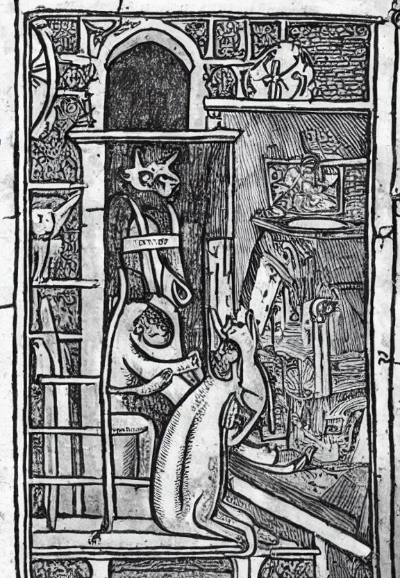 Image similar to [Grim medieval illustration of a cat watching youtube on a computer]