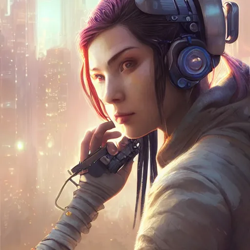 Image similar to highly detailed portrait of a young cyberpunk woman aiming a rifle, stephen bliss, unreal engine, fantasy art by greg rutkowski, loish, rhads, ferdinand knab, makoto shinkai and lois van baarle, ilya kuvshinov, rossdraws, tom bagshaw, global illumination, radiant light, detailed and intricate environment