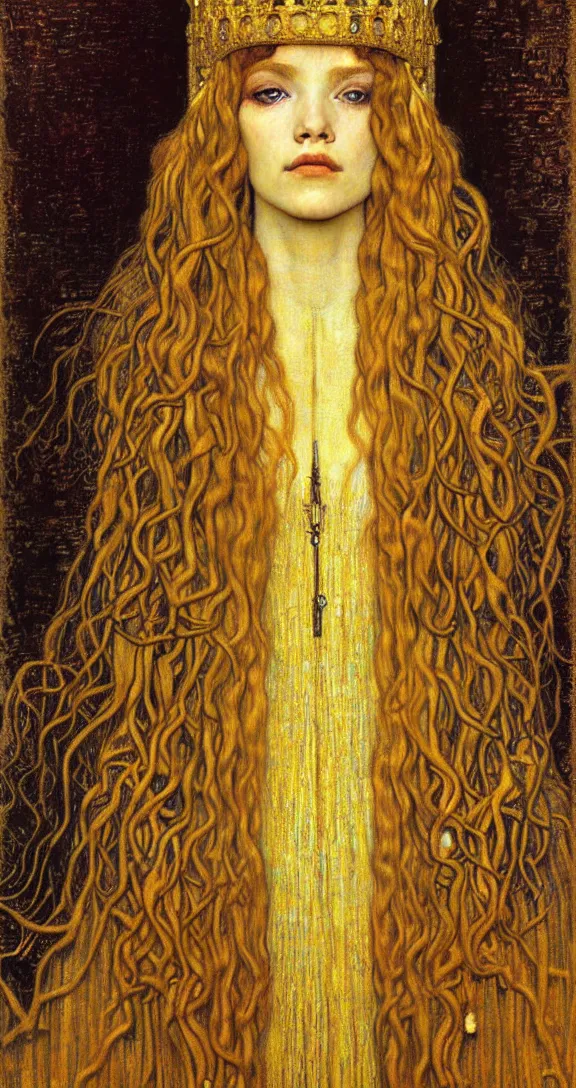 Image similar to detailed realistic beautiful young medieval queen face portrait by jean delville, gustav klimt and vincent van gogh, art nouveau, symbolist, visionary, gothic, pre - raphaelite, muted earthy colors, desaturated