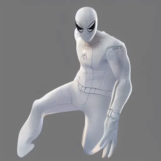 Image similar to white spider - man suit with black web lining, cinematic, volumetric lighting, realistic, hyperdetailed, photorealistic, photograph