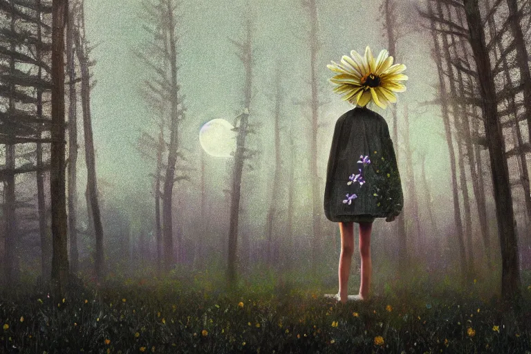 Prompt: giant daisy flower as face, girl standing in forest, surreal photography, dark night, stars, moon light, impressionist painting, clouds, digital painting, artstation, simon stalenhag