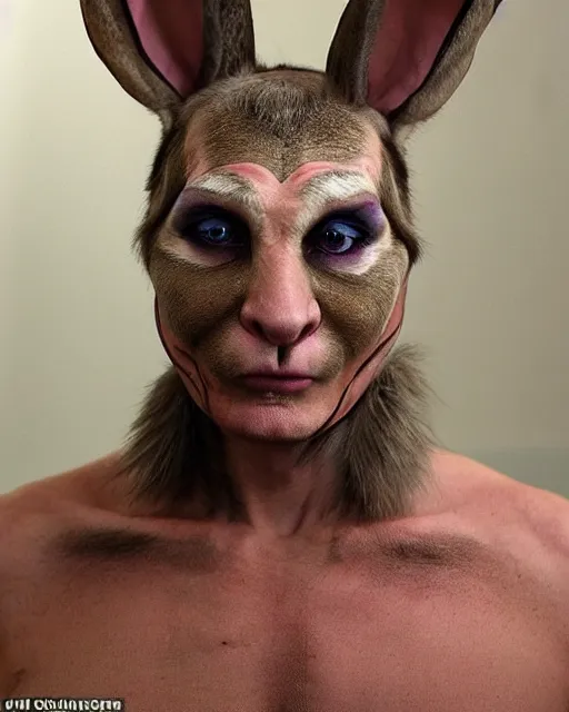 Prompt: vladimir putin in elaborate makeup as rabbit from the book winnie the poo, highly detailed rabbit makeup in the style of rick baker, vladimir has long rabbit ears, rabbit fur, rabbit snout