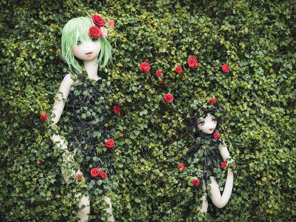 Prompt: cute fumo plush girl wrapped in vines in the middle of a lush rose garden, glowing gothic wraith plantgirl, tattered green dress, blue sky sunshine, bokeh, vray