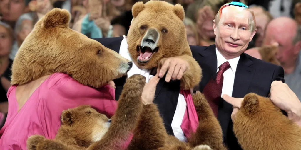 Image similar to vladimir putin disco dancing with a bear