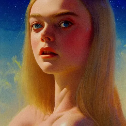 Image similar to ultra realistic portrait painting of elle fanning in the world of bruce pennington, art by frank frazetta, 4 k, ultra realistic, highly detailed, epic lighting