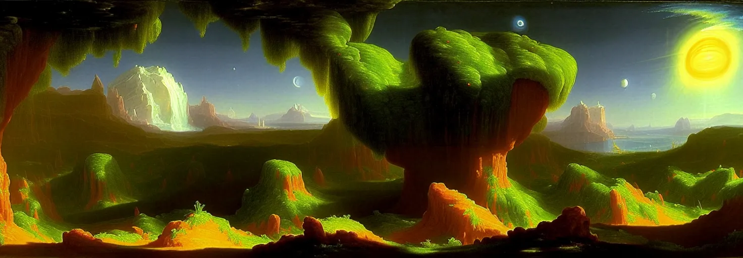 Image similar to alien exoplanet : landscape : flora and fauna : thomas cole