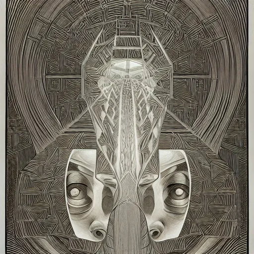 Image similar to crystal labyrinth beyond possibility of imagining, inhabited on many levels by Maurits Cornelis Escher, shining light, clear geometry, atmospheric, Award winning. Masterpiece, detailed illustration, alphonse mucha