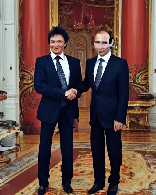 Image similar to sixty years old viktor tsoi with joyful look in a business suit shaking hands with vladimir putin in kremlin, moscow, color photo, mid shot photo, official photo, digital photo, 4 k