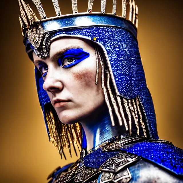 Prompt: photo of a beautiful warrior queen wearing sapphire encrusted armour, highly detailed, 8 k, hdr, smooth, sharp focus, high resolution, award - winning photo