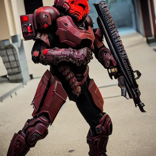 Image similar to doom slayer from doom eternal cosplay, photography, 9 0 s