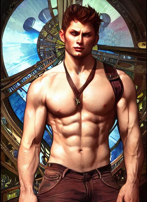 Prompt: photorealistic, canon eos 5 d mark iv, pretty muscular dean winchester as a character in romance book art design, character concept, sharp focus!, ultra detailed, art by artgerm alphonse mucha, wlop