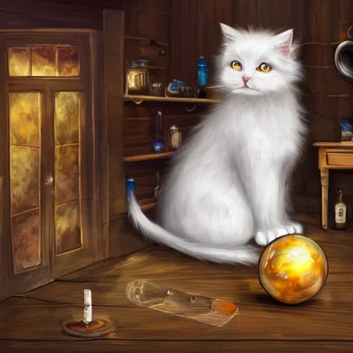 Prompt: a full body beautifull witch with white hair in an old room a cristal ball on wood table. with a potions and old instruments. a white cat on the floor licking his paw. in a fantasy style paiting