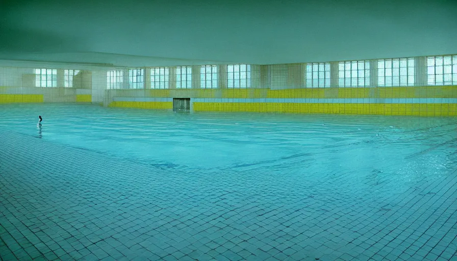 Image similar to movie still by andrei tarkovsky of an empty municipal swimmingpool with yellow tiles with light blue tiles, high quality, high detail, liminal space style