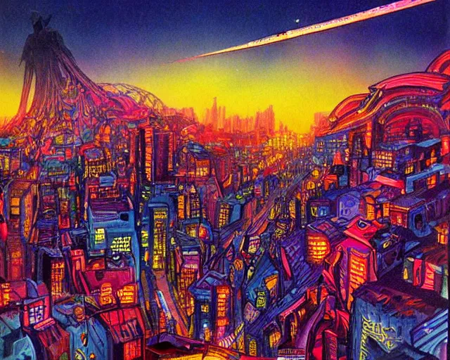 Image similar to surreal colorful nightmarish cityscape, artwork by ralph bakshi