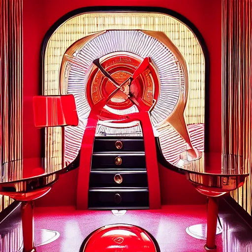 Prompt: a red luxury handbag in year 3000, art-deco style, in entrance hall of an art-deco skyscaper, photography , official vuitton editorial , highly detailed