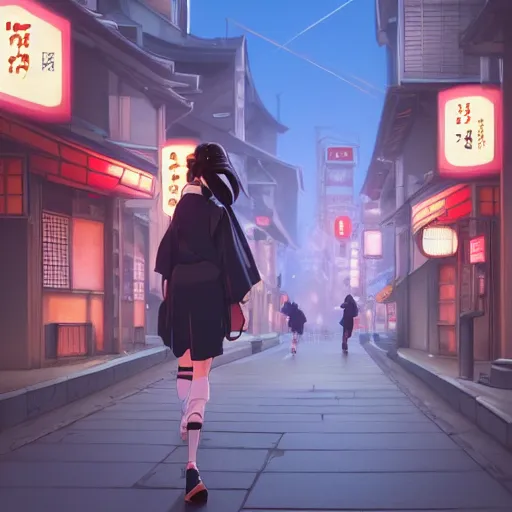 Prompt: a beautiful girl with dark hair walking down a japanese style street, ambient lighting, dynamic lighting, 4k, official media, anime key visual, makoto shinkai, ilya kuvshinov, rossdraws, detailed, trending on artstation