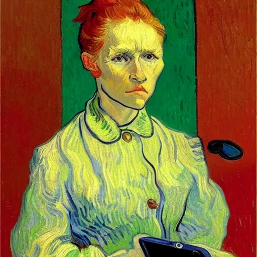 Image similar to a vivid portrait by van Gogh, she is holding a smartphone, oil on canvas, trending on artstation