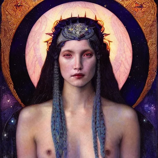 Image similar to queen of the moon with stars in her hair, by annie swynnerton and tino rodriguez and nicholas roerich and jean delville and donato giancola and diego rivera and tom bagshaw and evelyn demorgan, dramatic lighting, god rays, geometric tattoos, rich colors, smooth sharp focus, extremely detailed, adolf wolfli