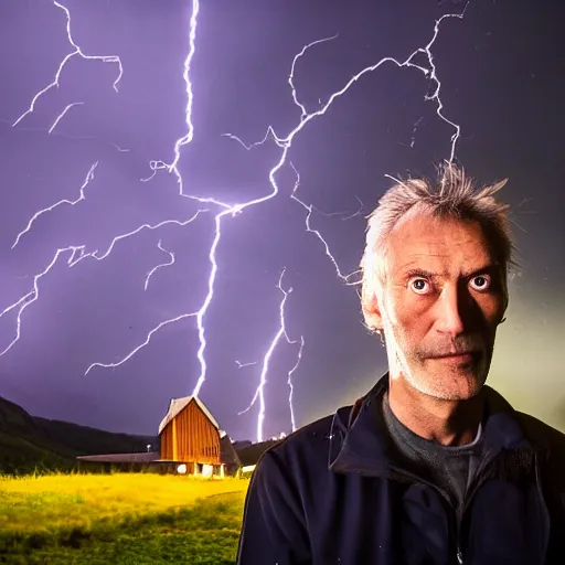 Image similar to Jonas Gahr Støre powering Norwegian village by shooting lightning out of his hands, glowing eyes