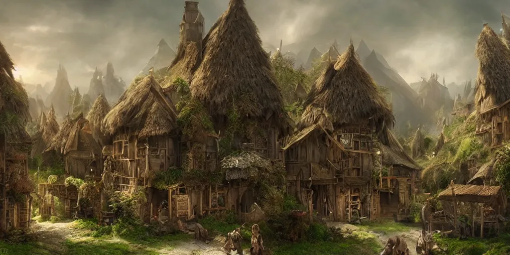 Image similar to beautiful matte painting of a fantasy village by weta workshop 4 k, cinematic dramatic atmosphere, dramatic lighting