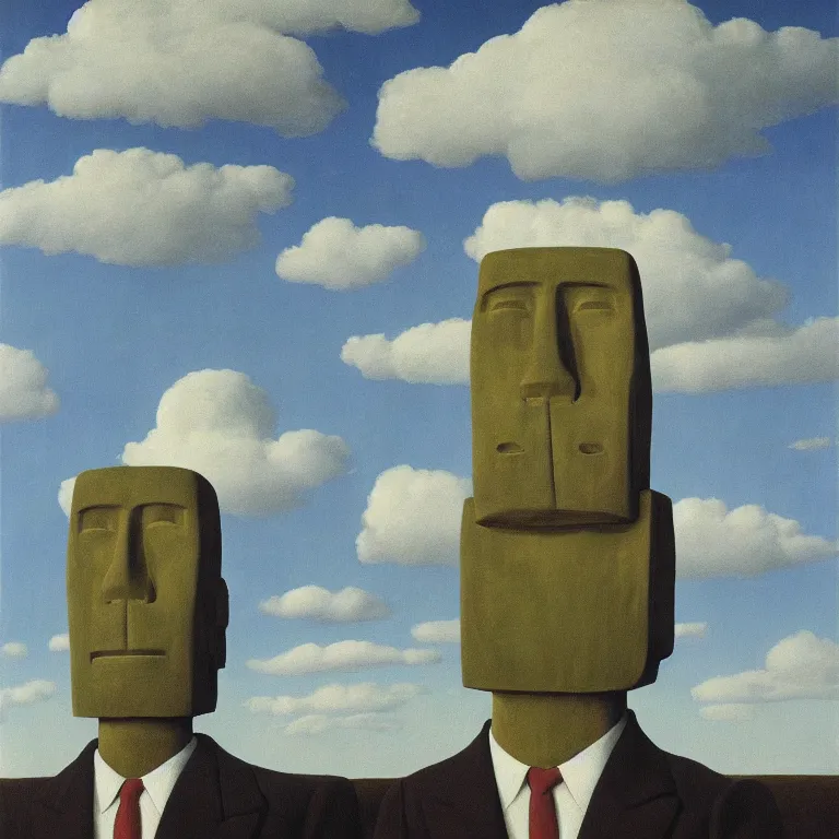 Image similar to portrait of a faceless moai - head man in a suit, clouds in the background, by rene magritte, detailed painting, distance, middle centered, hd, hq, high resolution, high detail, 4 k, 8 k