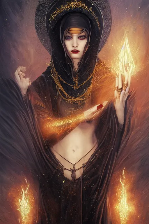 Image similar to a sorceress wearing a black robe with gold embroidery, casting a spell, in a mysterious inner sanctum, painted by artgerm and tom bagshaw, in the style of magic the gathering, highly detailed digital art