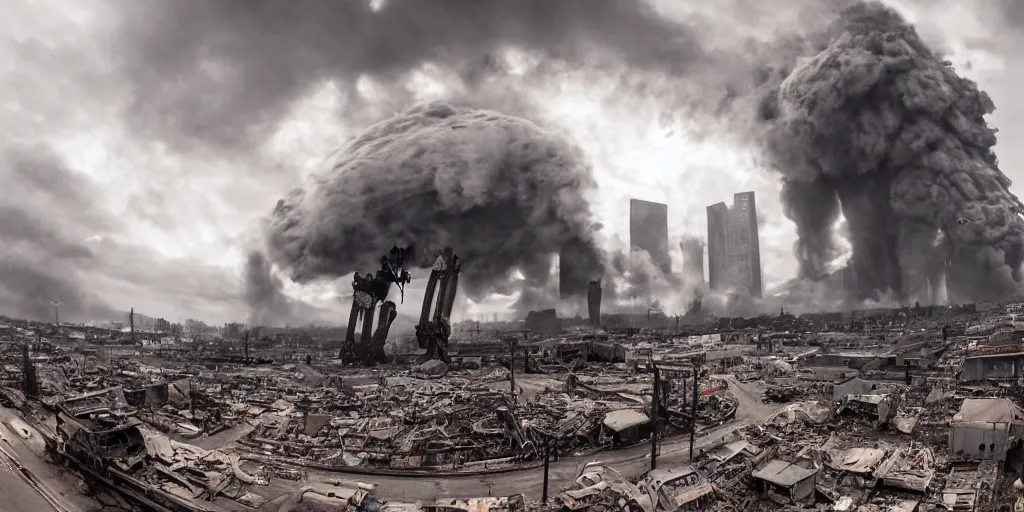 Image similar to wide angle photo, 1 8 mm canon 5 d mark 3, f 1 8, of a scary giant, metal machine pig robot : : 1. 5 looming huge over the buildings of a city on fire that is destroied, in the film style of a hollywood summer blockbuster movie