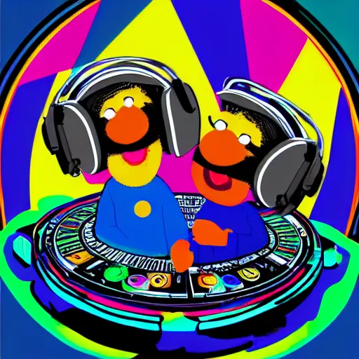 Image similar to svg sticker of a Pop-Wonder Bert&Ernie, Sesame-Street, at a rave, spinning records, giant headphones rocking out, wearing headphones, huge speakers, dancing, rave, DJ, spinning records, digital art, amazing composition, rule-of-thirds, award-winning, trending on artstation, featured on deviantart