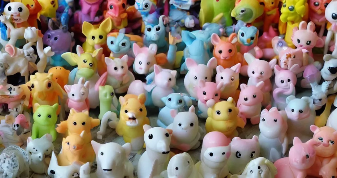 Image similar to some cute plastic toys that look like animal characters, pastel colors