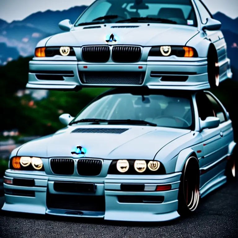 Prompt: close-up-photo BMW E36 turbo illegal meet, work-wheels, Gunma prefecture, middle of the night, cinematic color, photorealistic, high detailed deep dish wheels, highly detailed, custom headlights, neon underlighting