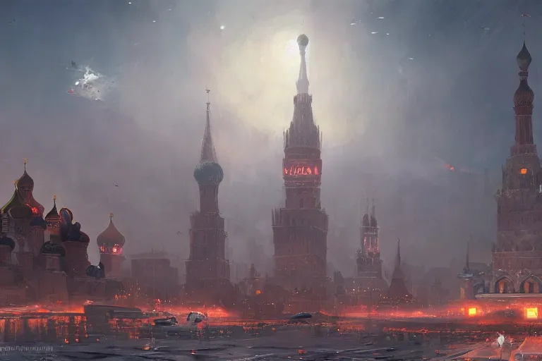 Prompt: distopian russian city in the future with red square in background soviet spaceships in the sky, by greg rutkowski