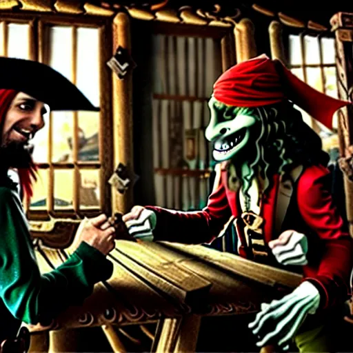 Image similar to a goblin with a large nose and a pirate with a bandana negotiating a contract with Jared Leto in a Western saloon.