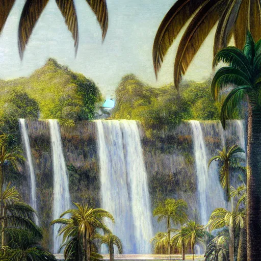 Prompt: a ultradetailed beautiful painting of the diamonds waterfall in the amazonas palace balustrade designed by jules bastien - lepage, tarsila do amaral, frank weston and gustave baumann, beach, trending on artstation, mediterranean, palm trees, sharp focus, soft light, 8 k 4 k