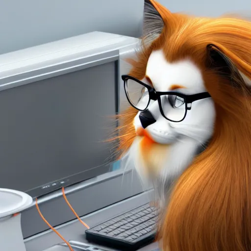 Prompt: anthropomorphic long haired calico cat wearing glasses working at a computer realistic detailed 4k 3d render