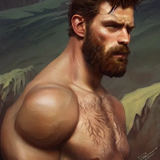 Image similar to portrait of a young rugged ranger, muscular, upper body, hairy torso, D&D, fantasy, intricate, cinematic lighting, highly detailed, digital painting, artstation, concept art, smooth, sharp focus, illustration, art by Artgerm and Greg Rutkowski and Alphonse Mucha